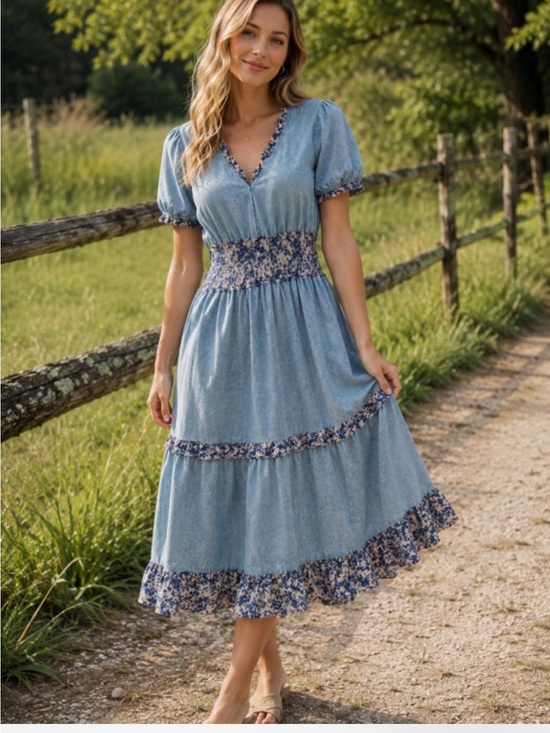 Red + Olive Dresses & Skirts - Red + Olive Blue Peasant Dress-100% Cotton-Cottagecore Prairie Midi